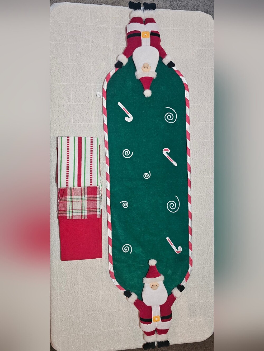 Festive Christmas Table Runner & 3 Holiday Dish Towels Set | Santa & Candy Cane
